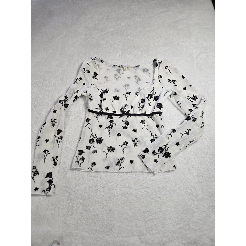 White‎ Black Floral Velvet Burnout Mesh Top Long Sleeve Empire Waist Bow M